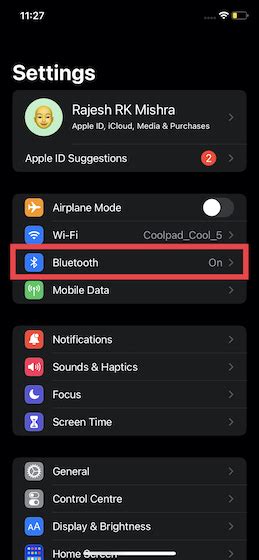 Включите Bluetooth на iPhone 12 Mini