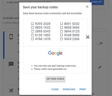 Используйте резервные коды для удаления Google Authenticator