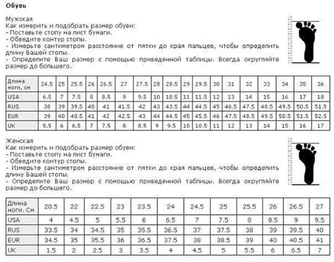 Определение размера обуви по таблицам производителя